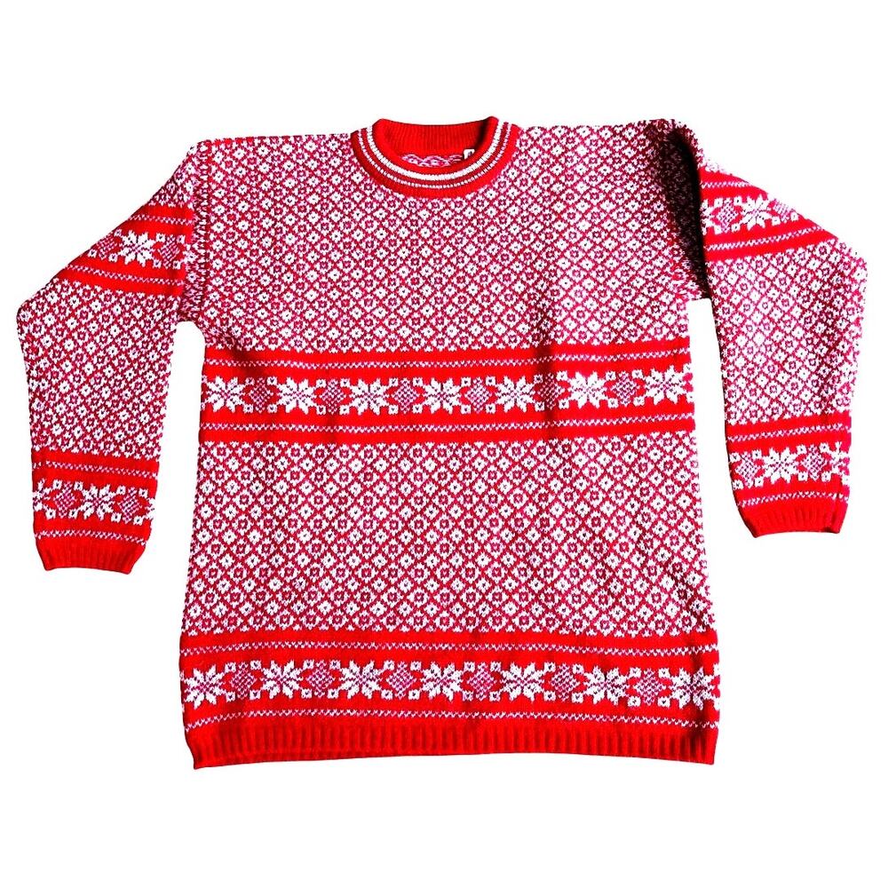 Fair Isles red gray snowflake print 100% wool pullover sweater size 38/40